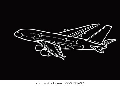 air plane of ink drawing in black background. Airplane Taking Off. Hand drawn illustration. Hand drawn sketch of aircraft in black