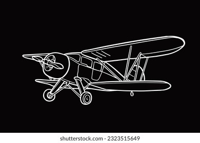 air plane of ink drawing in black background. Airplane Taking Off. Hand drawn illustration. Hand drawn sketch of aircraft in black