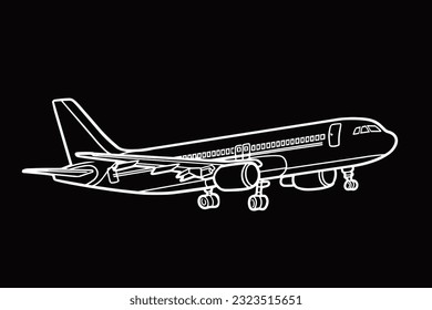 air plane of ink drawing in black background. Airplane Taking Off. Hand drawn illustration. Hand drawn sketch of aircraft in black