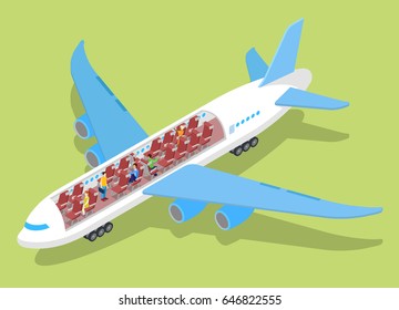 Air Plane Interior With Passengers. Isometric Vector Flat 3d Illustration