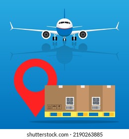 Air plane logistics delivery mail service vector or aircraft freight and cargo airmail parcels packages courier concept flat cartoon illustration, airmail global shipping transportation idea