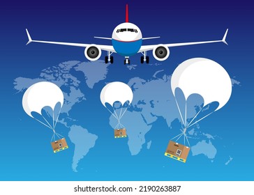 Entrega de logística de avión servicio de correo vector o paquetes de carga y carga de avión paquetes de correo de concepto de mensajero ilustración de dibujos animados planos, idea de transporte marítimo global de airmail