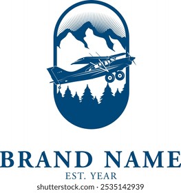 Air plane logo design with mountains and trees in the background.