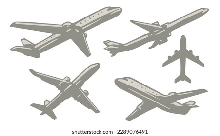 Air plane monochrome set stickers with flying aircrafts in different positions for airport website design vector illustration