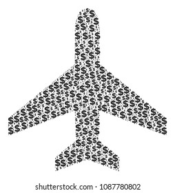 Air plane mosaic of dollars and sphere points. Vector dollar signs are united into air plane illustration.