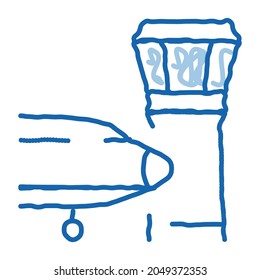 Turmskizze-Vektorgrafik des Flugzeugnavigationszentrums. Handgezeichnetes Schild mit blauem Dodle Line Art Flugzeug Navigation Center Turm. einzelne Symbolillustration