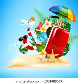 Air plane open luggage travel case with Starfish flower palm leaf sand beach element on blue sky background concept for travel vacation in summer time vector 