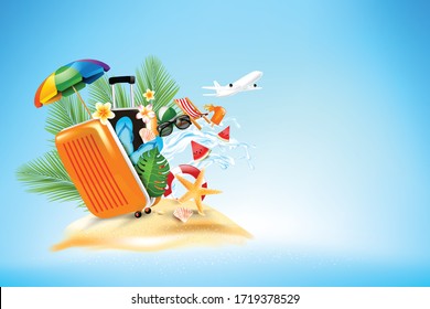 Air Plane Open Luggage Travel Case With Starfish Flower Palm Leaf Sand Beach Element On Blue Sky Background Concept For Travel Vacation In Summer Time Vector 