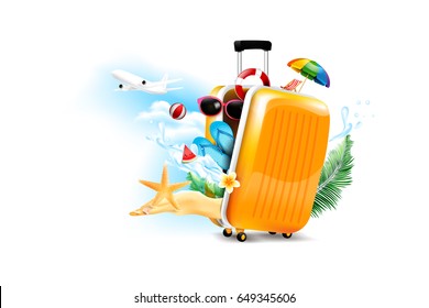 Air plane open luggage travel case with Starfish flower palm leaf sand beach element on the white background for summer tour concept vector illustration