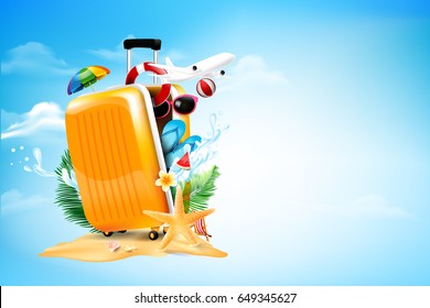 Air plane open luggage travel case with Starfish flower palm leaf sand beach element on blue sky and cloud background for summer tour concept with copy space vector illustration