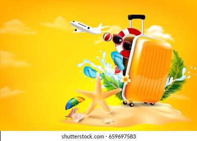 Air plane open luggage travel case with Starfish flower palm leaf sand beach element on yellow background for summer travel concept vector illustration