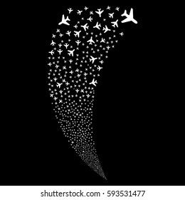 Air Plane random fireworks stream. Vector illustration style is flat white iconic symbols on a black background. Object fountain constructed from scattered design elements.