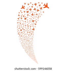 Air Plane random fireworks stream. Vector illustration style is flat orange iconic symbols on a white background. Object fountain organized from scattered symbols.