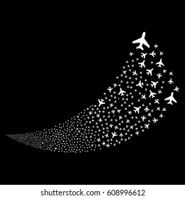 Air Plane random fireworks stream. Vector illustration style is flat white iconic symbols on a black background. Object fountain made from scattered pictographs.