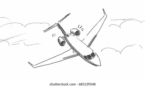 Air plane ready for landing sketch Vector illustration line art template. Plane flying in the sky