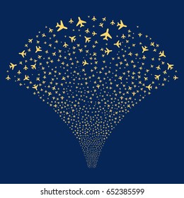 Air Plane salute stream. Vector illustration style is flat yellow iconic symbols on a blue background. Object source fountain done from random pictographs.