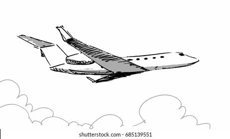 Air plane sketch Vector illustration line art template. Plane flying over the sky