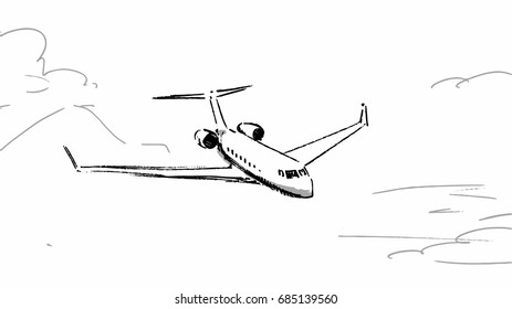 Air plane sketch Vector illustration line art template. Plane flying in the sky