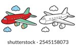 Air Plane In The Sky And Clouds. Air Plane Coloring Pages For Kids Printable. Air Plane Vector Illustration With Outline