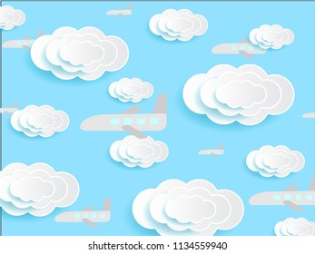 Air plane in sky with clouds paper deep cut vector.
