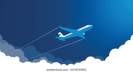 Air plane in the sky rises above the clouds towards the sun. Vector cartoon background