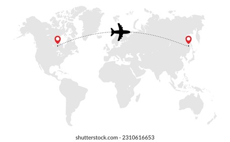 Startpunkt des Flugzeugs und Bindegleis, Flugroute, Plane-Symbol auf der Weltkarte, Flugzeugleitung