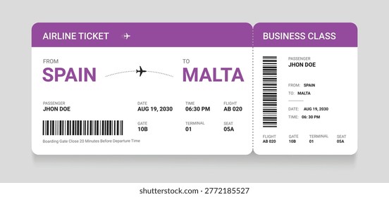 Air plane ticket template. Realistic airline ticket design with passenger name. Plane ticket vector template or airline boarding pass ticket isolated. Airline flight pass concept.