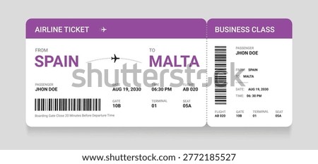 Air plane ticket template. Realistic airline ticket design with passenger name. Plane ticket vector template or airline boarding pass ticket isolated. Airline flight pass concept.