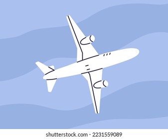 Air plane travels in clear sky. Aircraft, airplane flies. Flight of passenger aeroplane. Avia transport flying, bottom view. International airliner with wings floating. Flat vector illustration