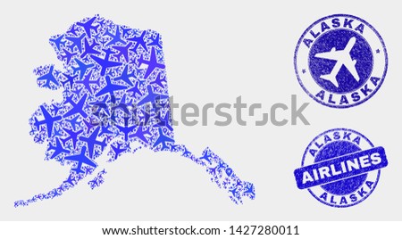 Air plane vector Alaska map collage and scratched seals. Abstract Alaska map is designed with blue flat random aircraft symbols and map locations. Delivery plan in blue colors, and rounded seals.