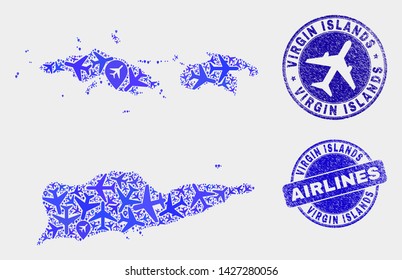Air plane vector American Virgin Islands map composition and grunge stamps. Abstract American Virgin Islands map is constructed of blue flat random air plane symbols and map pointers.