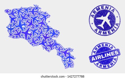 Air plane vector Armenia map composition and grunge seals. Abstract Armenia map is composed of blue flat scattered air plane symbols and map pointers. Shipping plan in blue colors,