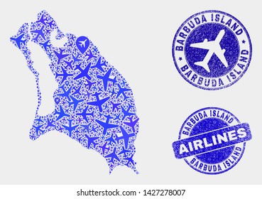 Air plane vector Barbuda Island map mosaic and scratched seals. Abstract Barbuda Island map is done of blue flat scattered air plane symbols and map markers. Transport plan in blue colors,