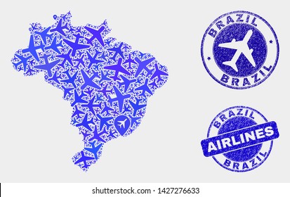 Air plane vector Brazil map collage and grunge watermarks. Abstract Brazil map is composed with blue flat random air plane symbols and map pointers. Tourism plan in blue colors,