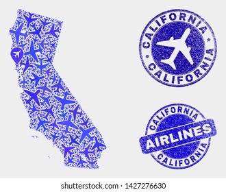 Air plane vector California State map mosaic and scratched seals. Abstract California State map is created of blue flat random aviation symbols and map pointers. Tourism scheme in blue colors,