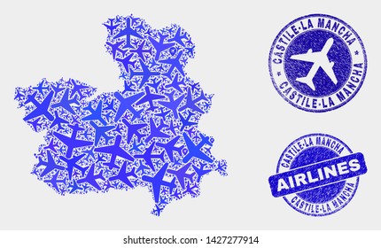 Air plane vector Castile-La Mancha Province map mosaic and scratched stamps. Abstract Castile-La Mancha Province map is organized with blue flat random air plane symbols and map markers.