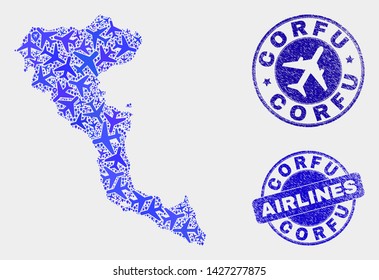 Air plane vector Corfu Island map collage and grunge stamps. Abstract Corfu Island map is designed with blue flat randomized air plane symbols and map pointers. Transport plan in blue colors,