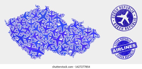 Air plane vector Czech Republic map collage and scratched stamps. Abstract Czech Republic map is organized from blue flat random air plane symbols and map markers. Shipping plan in blue colors,