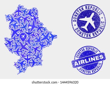 Air plane vector Donetsk Republic map mosaic and scratched seals. Abstract Donetsk Republic map is composed with blue flat randomized air plane symbols and map locations. Delivery plan in blue colors,