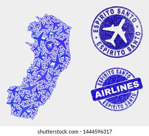 Air plane vector Espirito Santo State map composition and scratched seals. Abstract Espirito Santo State map is constructed with blue flat random air plane symbols and map markers.