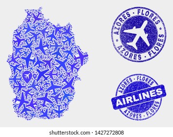 Air plane vector Flores Island of Azores map collage and grunge watermarks. Abstract Flores Island of Azores map is composed of blue flat randomized air plane symbols and map locations.