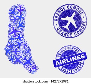Air plane vector Grande Comore Island map composition and grunge stamps. Abstract Grande Comore Island map is composed with blue flat random air plane symbols and map pointers.