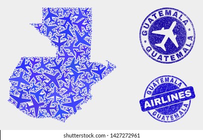 Air plane vector Guatemala map mosaic and grunge seals. Abstract Guatemala map is composed of blue flat random airline symbols and map markers. Flight plan in blue colors, and rounded seals.