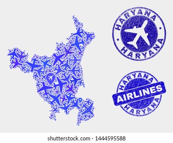 Air plane vector Haryana State map collage and scratched watermarks. Abstract Haryana State map is designed from blue flat scattered air plane symbols and map pointers. Delivery scheme in blue colors,
