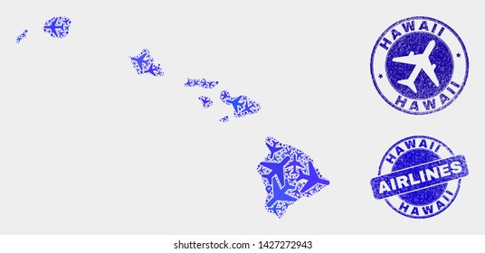 Air plane vector Hawaii State map collage and grunge stamps. Abstract Hawaii State map is created from blue flat scattered air plane symbols and map locations. Flight scheme in blue colors,