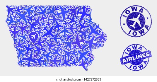Air plane vector Iowa State map composition and scratched stamps. Abstract Iowa State map is constructed of blue flat random air plane symbols and map markers. Flight scheme in blue colors,