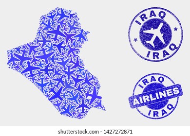 Air plane vector Iraq map composition and grunge stamps. Abstract Iraq map is designed from blue flat scattered airplane symbols and map markers. Flight plan in blue colors, and rounded stamps.