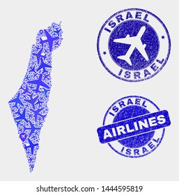Air plane vector Israel map composition and scratched seals. Abstract Israel map is created with blue flat randomized air plane symbols and map locations. Flight scheme in blue colors,