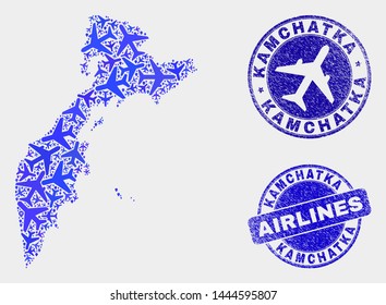 Air plane vector Kamchatka map mosaic and scratched watermarks. Abstract Kamchatka map is formed of blue flat random air plane symbols and map locations. Transport plan in blue colors,