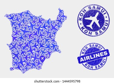 Air plane vector Koh Samui map collage and grunge watermarks. Abstract Koh Samui map is created from blue flat random air plane symbols and map locations. Shipping scheme in blue colors,